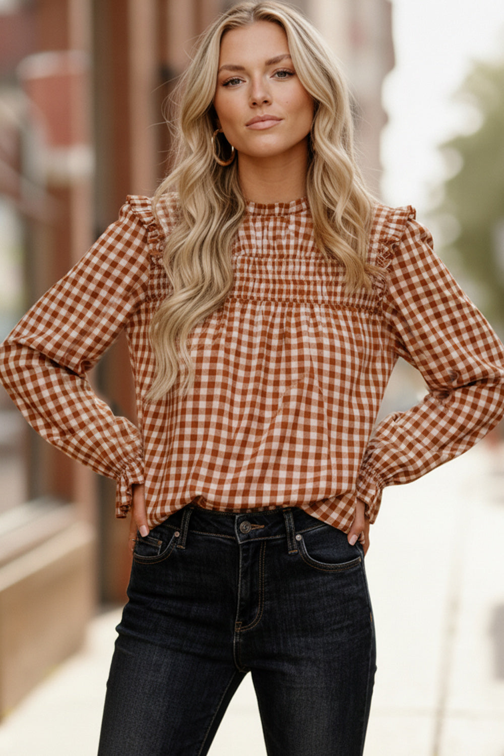 Haptics Rust Gingham Shirred Yoke Frilled Mock Neck Long Sleeve Blouse
