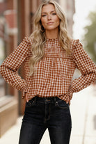 Haptics Rust Gingham Shirred Yoke Frilled Mock Neck Long Sleeve Blouse