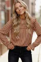 Haptics Rust Gingham Shirred Yoke Frilled Mock Neck Long Sleeve Blouse