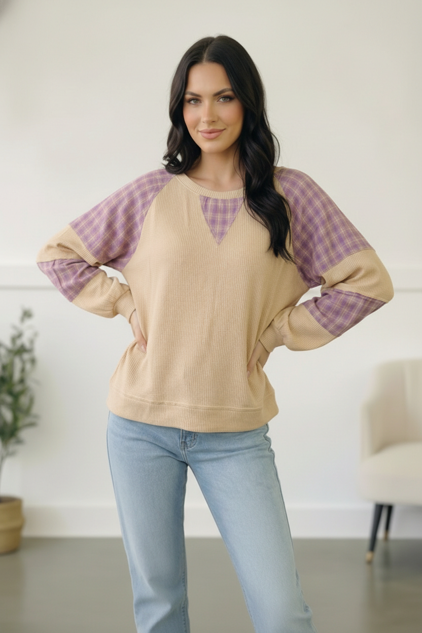 Haptics Cozy Oatmeal and Plaid Long Sleeve Thermal