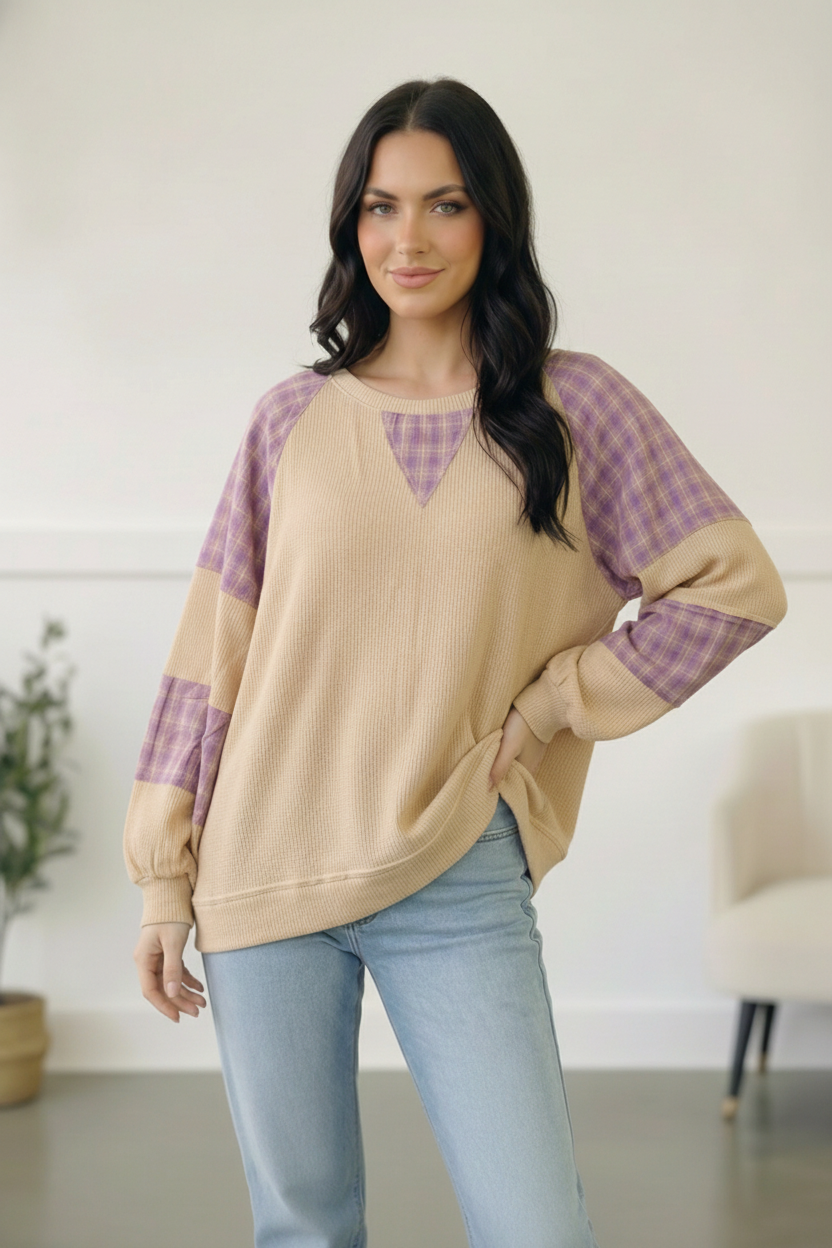 Haptics Cozy Oatmeal and Plaid Long Sleeve Thermal