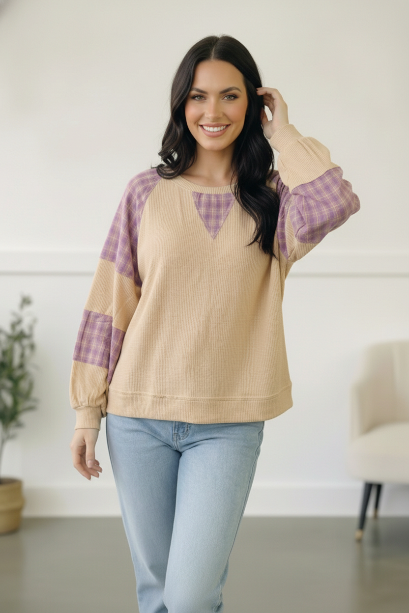 Haptics Cozy Oatmeal and Plaid Long Sleeve Thermal