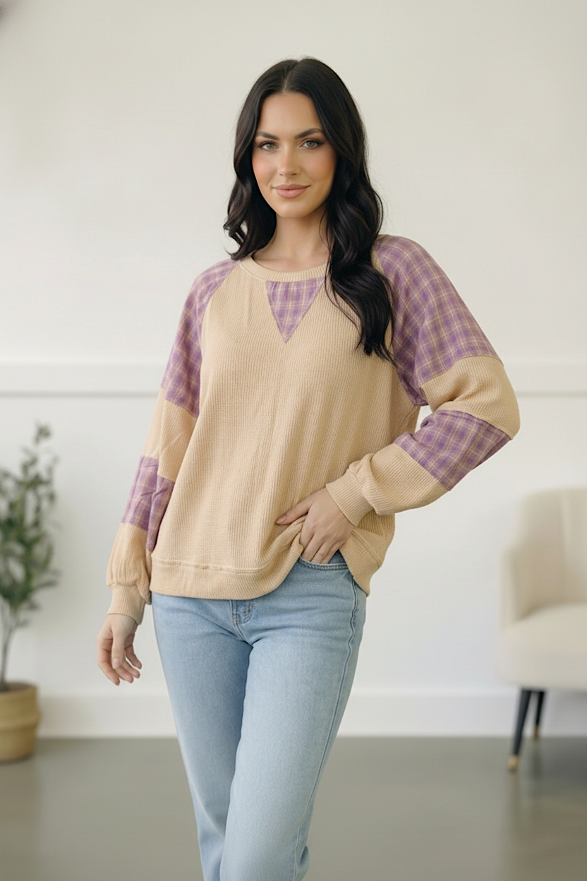 Haptics Cozy Oatmeal and Plaid Long Sleeve Thermal