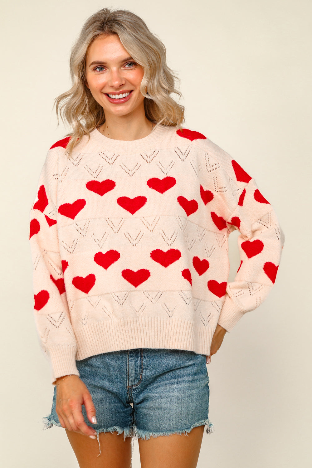 Haptics Heart Jacquard Pullover Sweater Knit Top