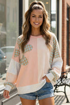 Haptics Haptics Round Neck Bubble Long Sleeve Plaid Flower Patch Color Block Pullover in Peach / Oatmeal