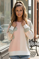 Haptics Haptics Round Neck Bubble Long Sleeve Plaid Flower Patch Color Block Pullover in Peach / Oatmeal