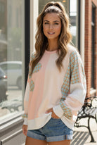 Haptics Haptics Round Neck Bubble Long Sleeve Plaid Flower Patch Color Block Pullover in Peach / Oatmeal