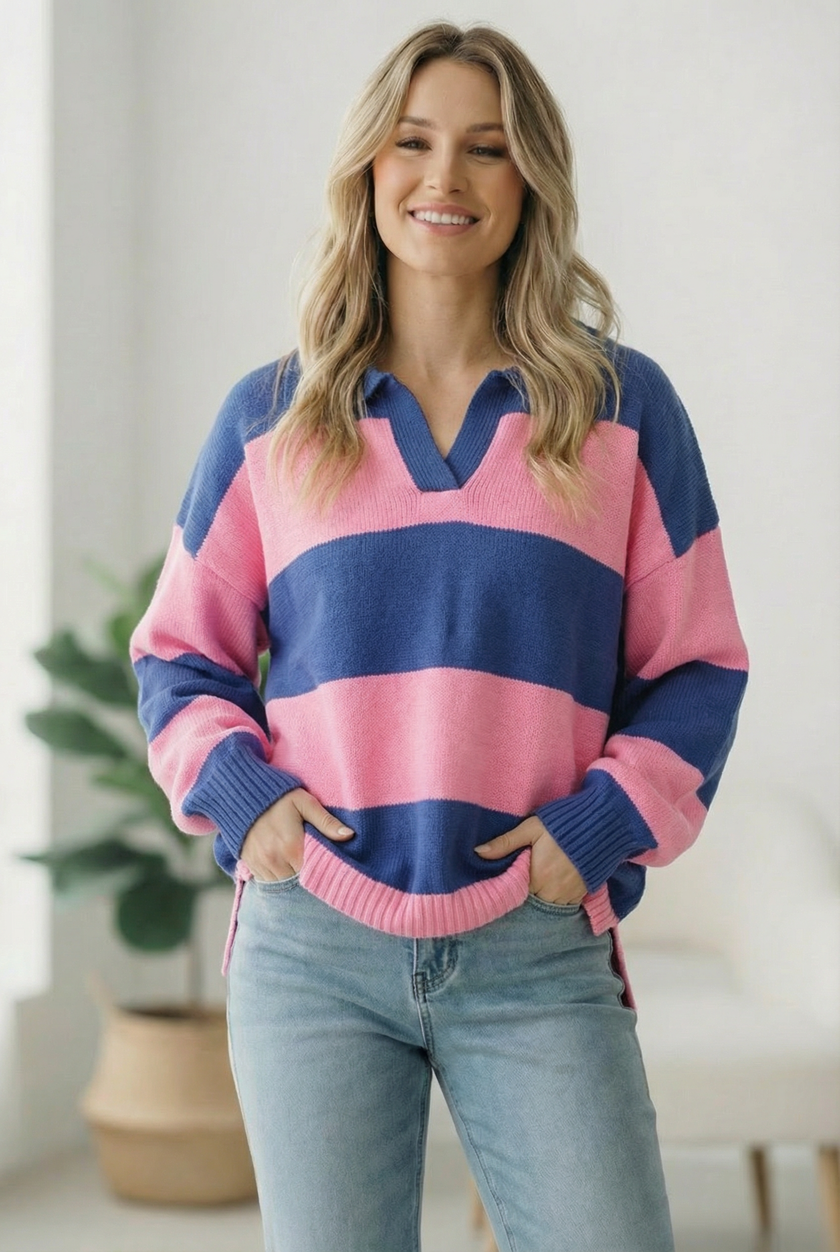 Haptics Blue and Pink Striped Sweater
