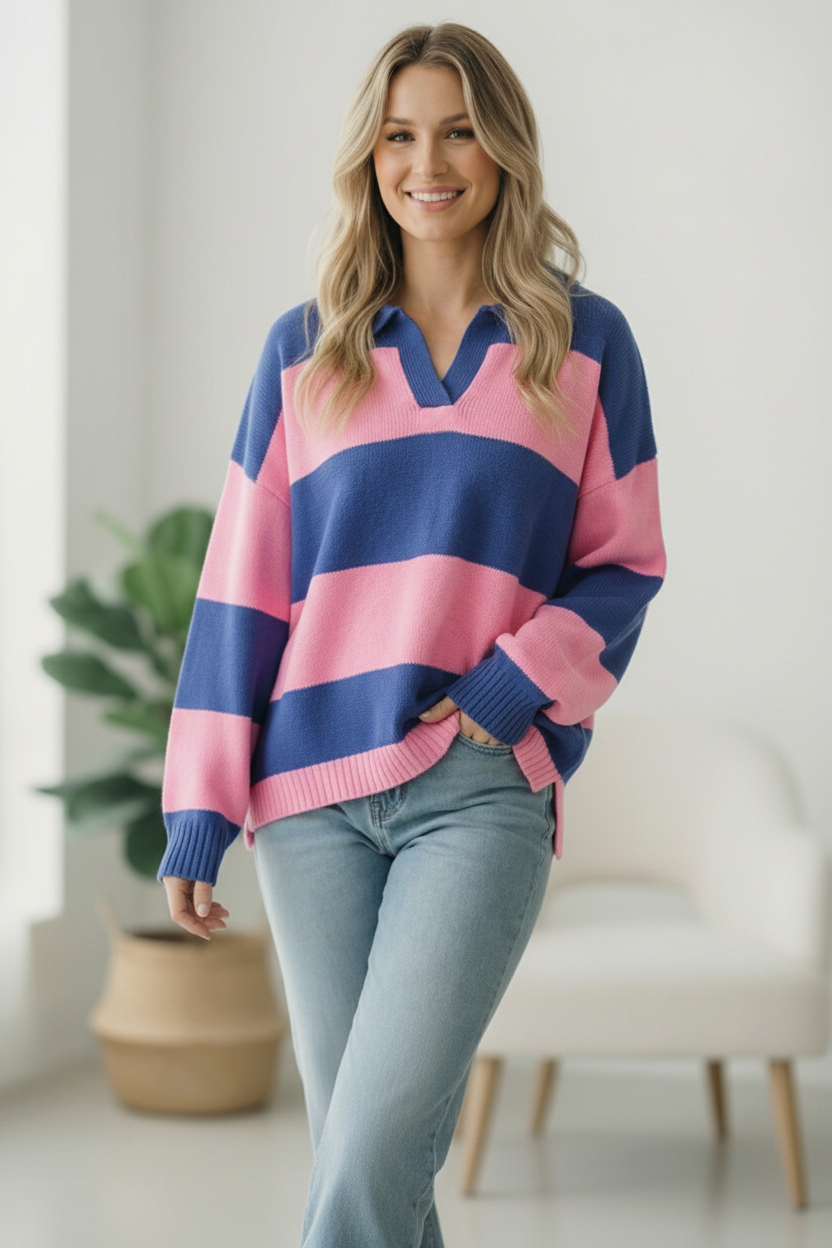 Haptics Blue and Pink Striped Sweater