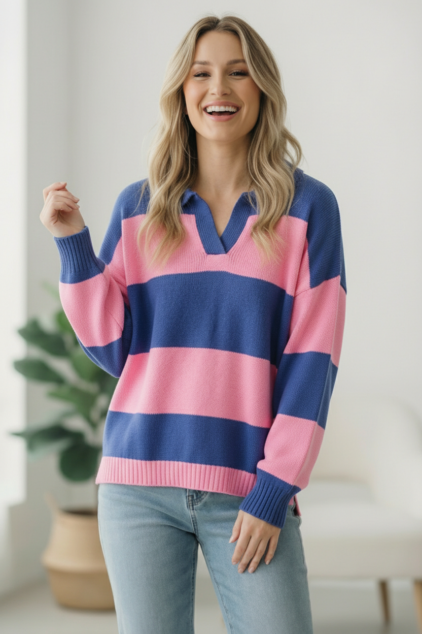 Haptics Blue and Pink Striped Sweater