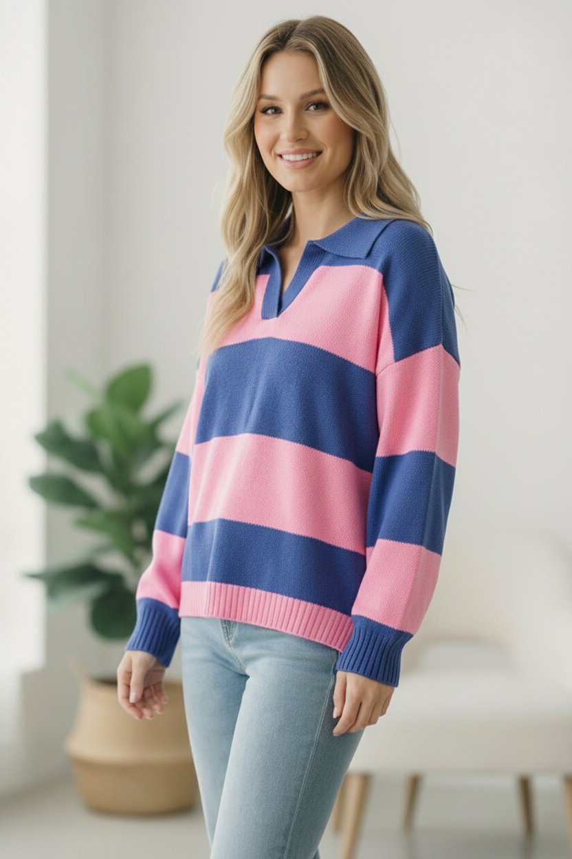 Haptics Blue and Pink Striped Sweater