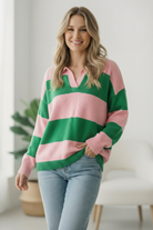 Haptics Green and Pink Stripe Sweater