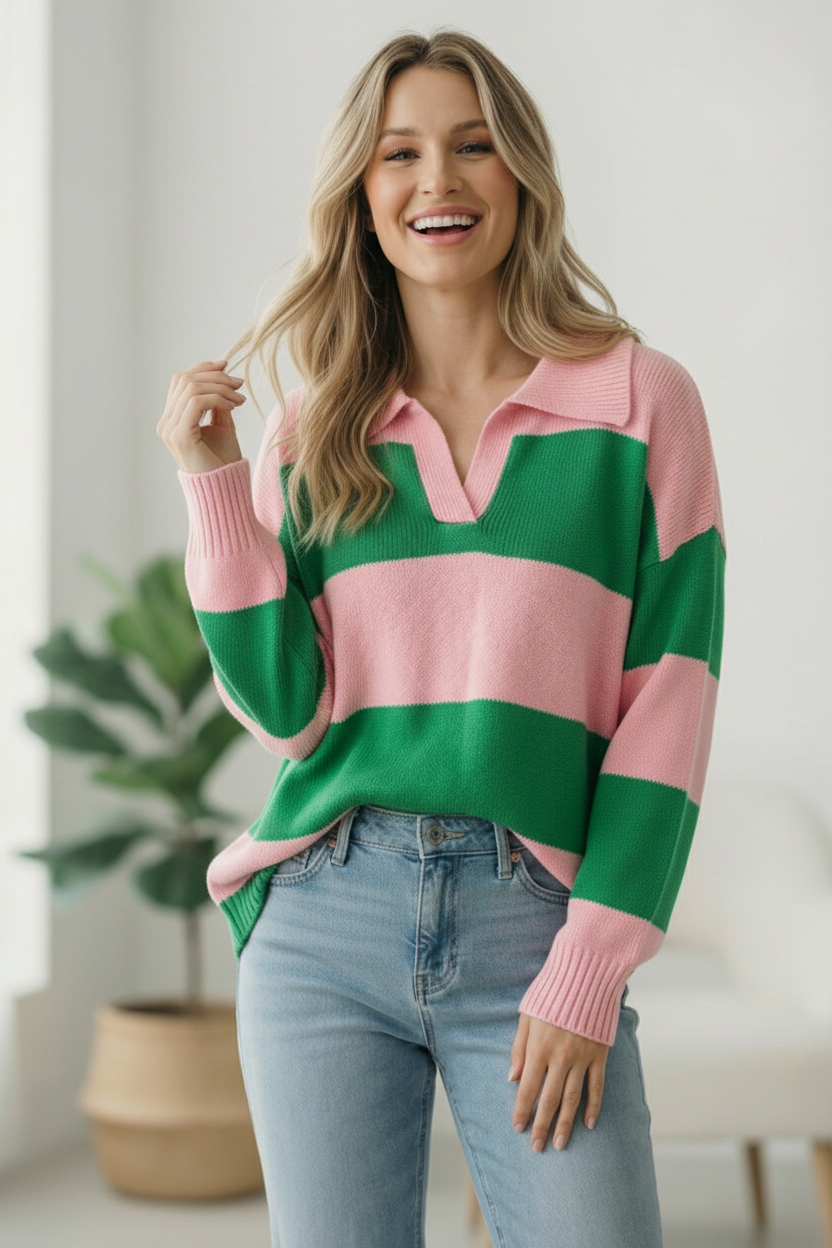 Haptics Green and Pink Stripe Sweater