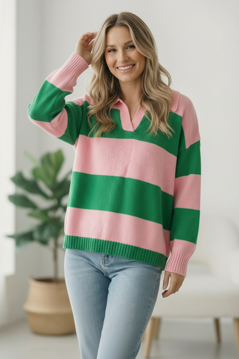 Haptics Green and Pink Stripe Sweater