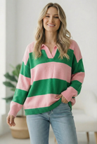 Haptics Green and Pink Stripe Sweater