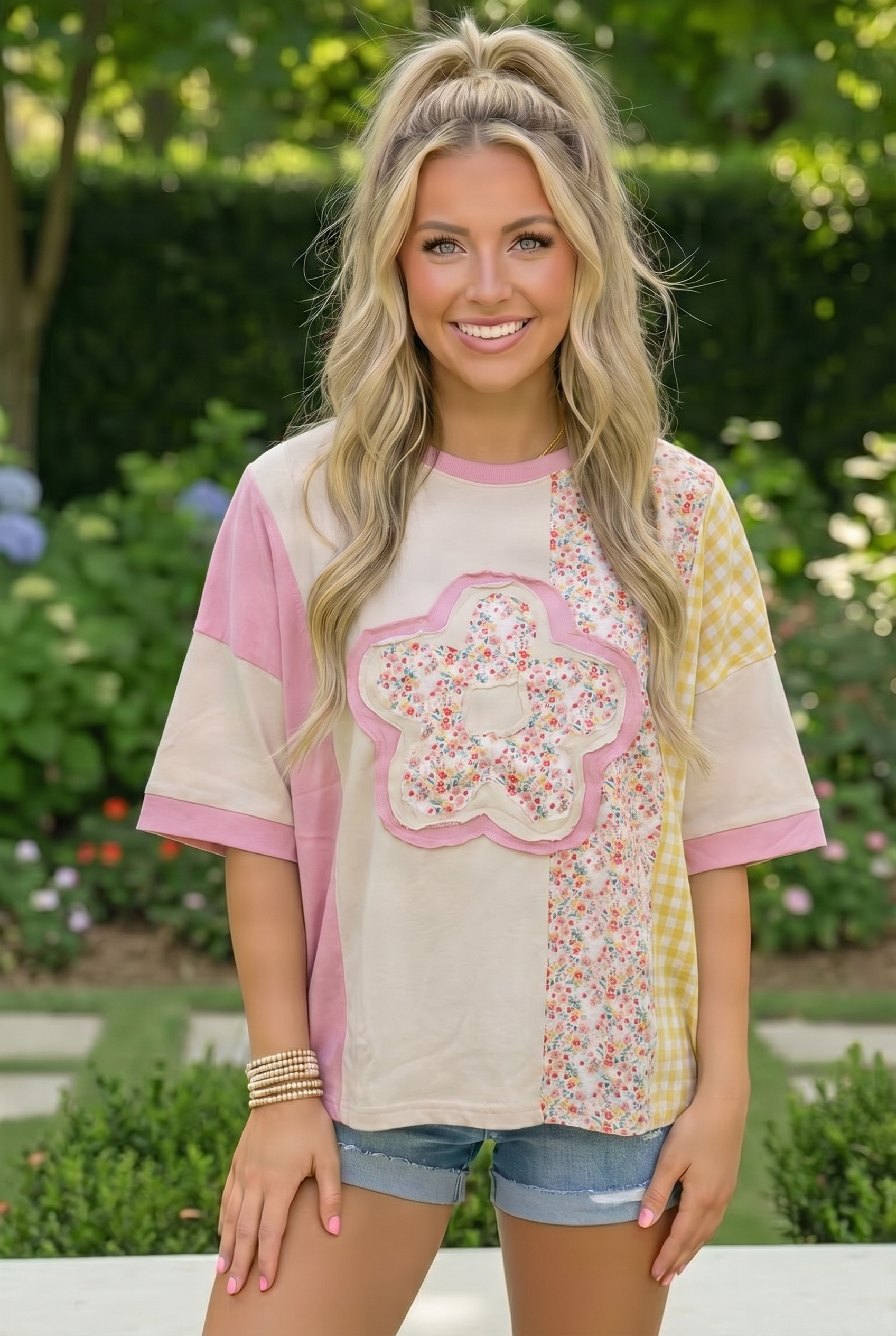Haptics Patchwork Flower Oversized Tee in Pink and Yellow – Ruby