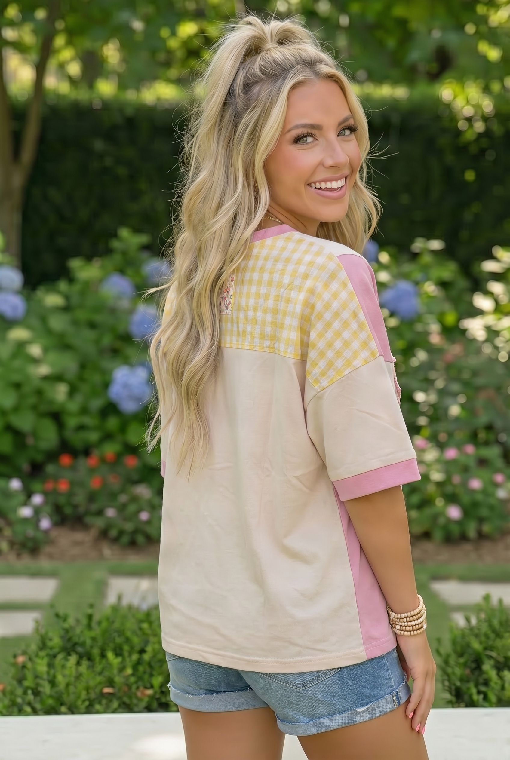 Haptics Patchwork Flower Oversized Tee in Pink and Yellow – Ruby