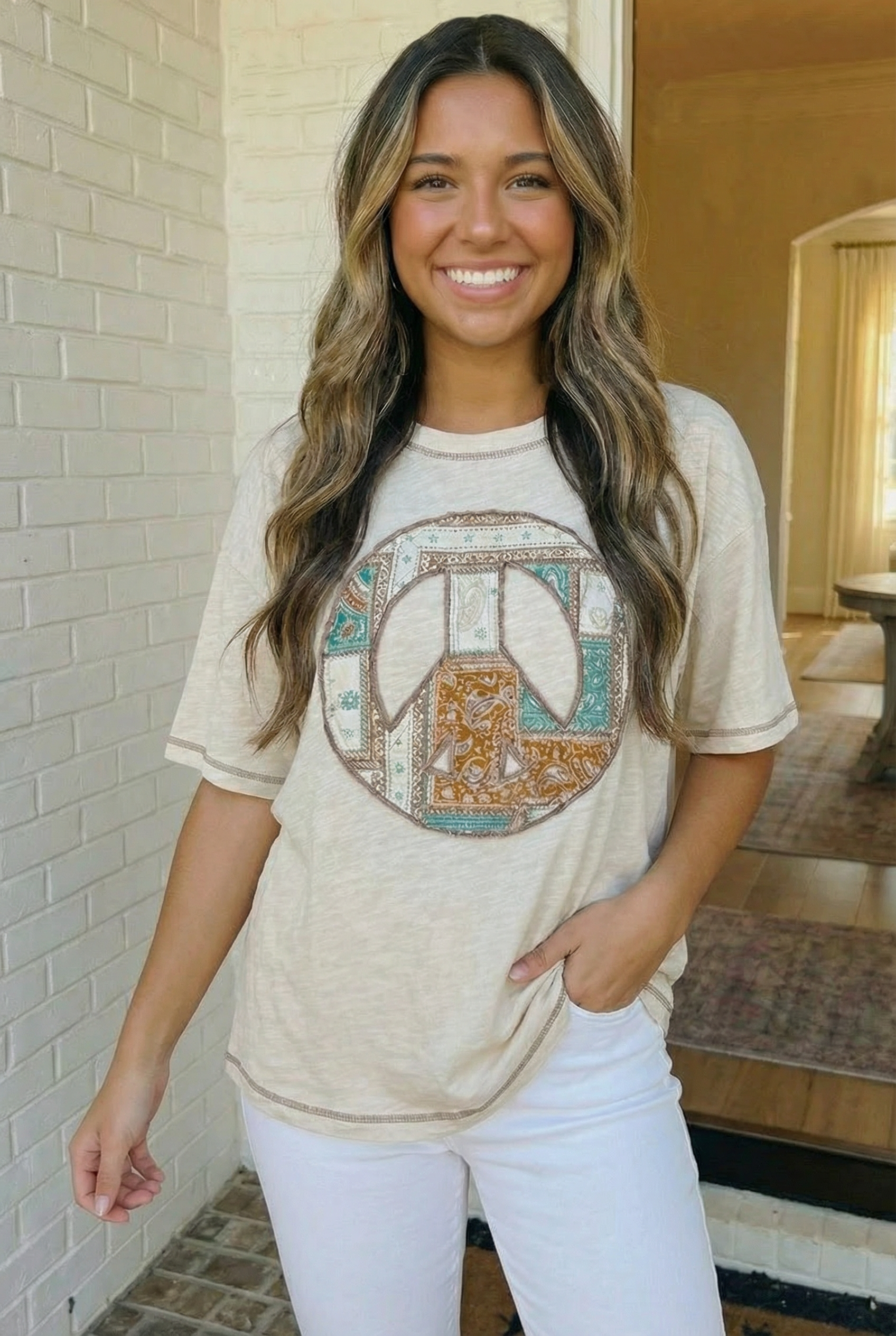 Haptics Boho Peace Patchwork Oversized Graphic Tee