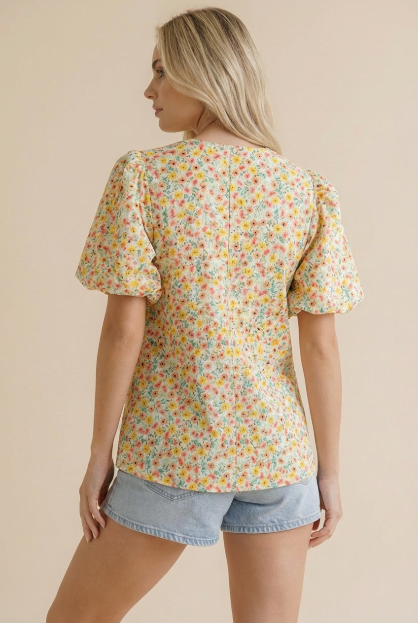 Haptics Sunny Garden Woven Lienen Floral Puff Sleeve Top