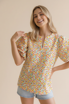 Haptics Sunny Garden Woven Lienen Floral Puff Sleeve Top