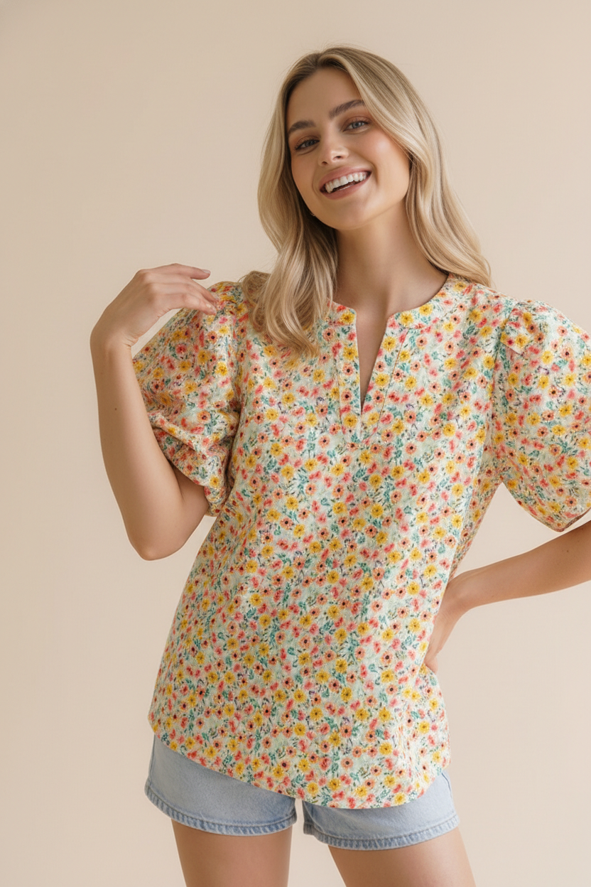 Haptics Sunny Garden Woven Lienen Floral Puff Sleeve Top