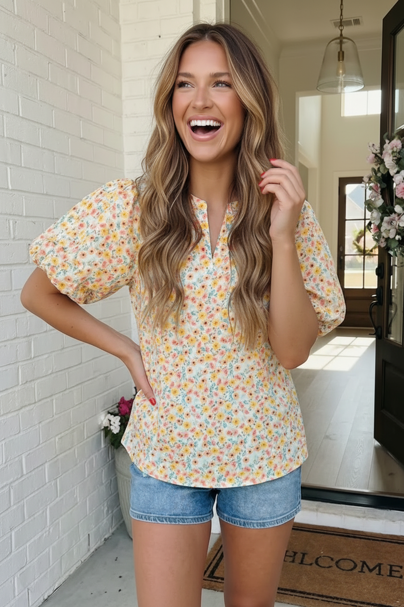 Haptics Sunny Garden Woven Lienen Floral Puff Sleeve Top