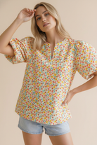 Haptics Sunny Garden Woven Lienen Floral Puff Sleeve Top
