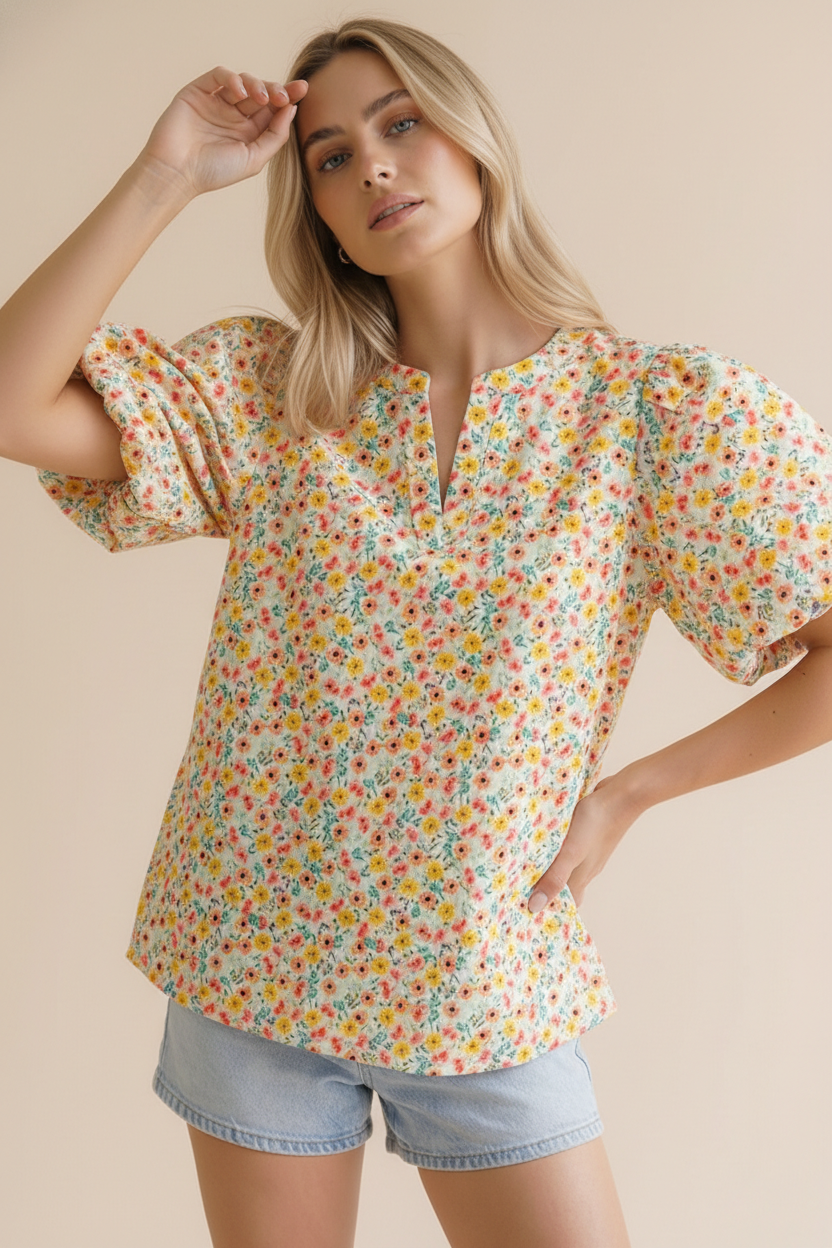 Haptics Sunny Garden Woven Lienen Floral Puff Sleeve Top