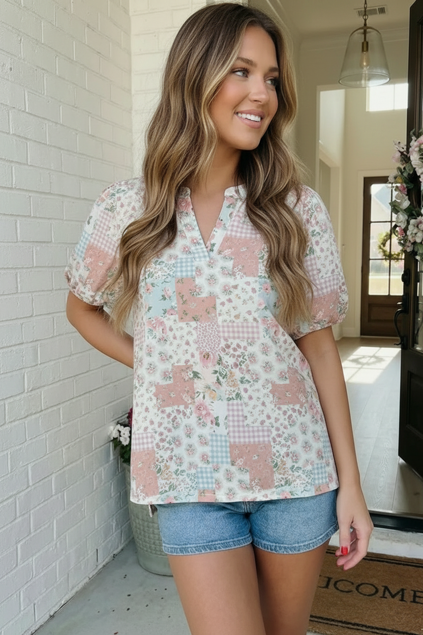 Haptics Patchwork Floral Puff Sleeve Blouse