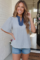 Haptics Breezy Stripe Flutter Sleeve Blouse