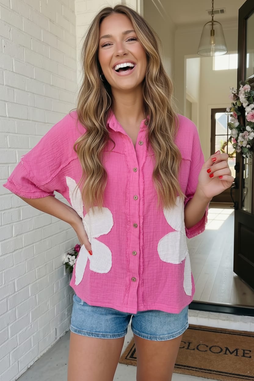 Haptics Big Bloom Button Down in Hot Pink