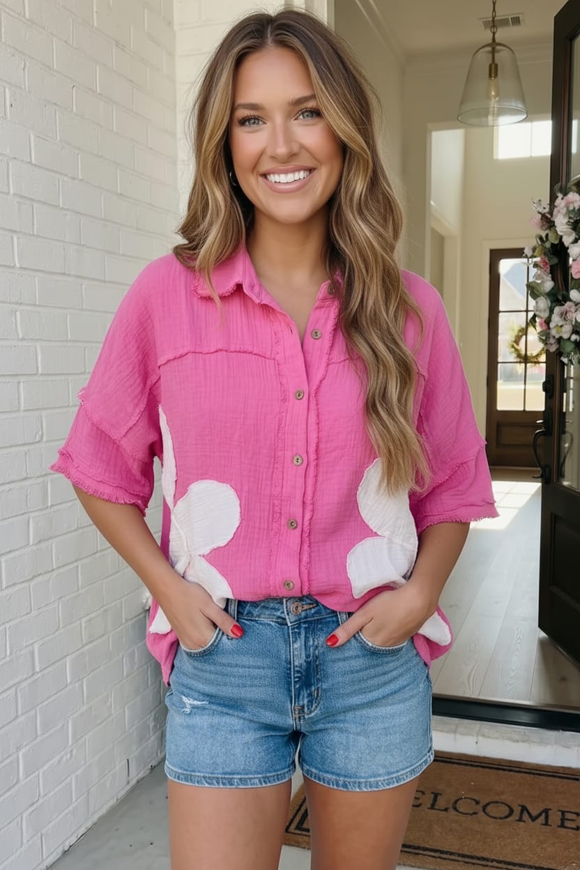 Haptics Big Bloom Button Down in Hot Pink