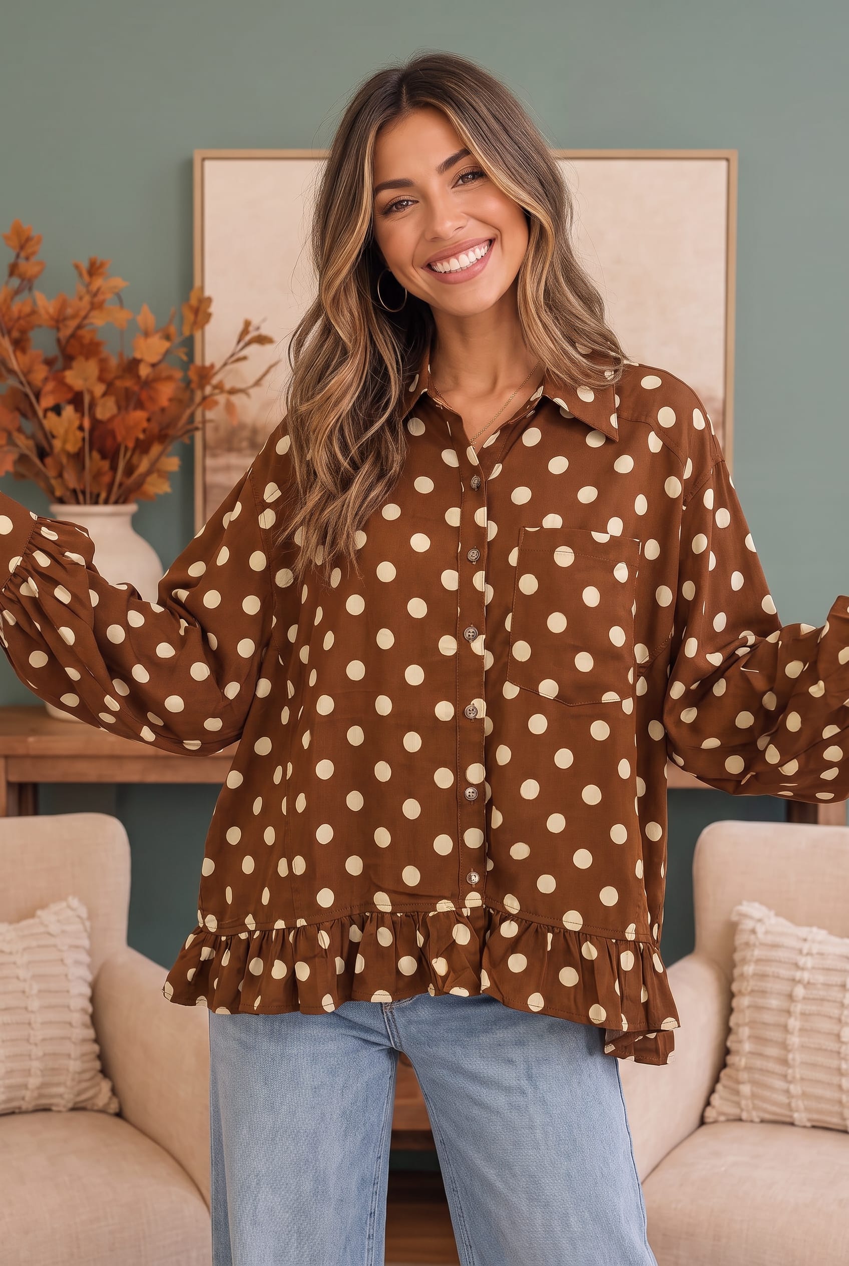 Haptics Spotted in Style Polka Dot Ruffle Blouse