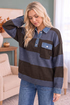 Haptics Blueberry Fields Striped Denim Collar Sweater in Brown & Slate Blue