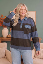 Haptics Blueberry Fields Striped Denim Collar Sweater in Brown & Slate Blue