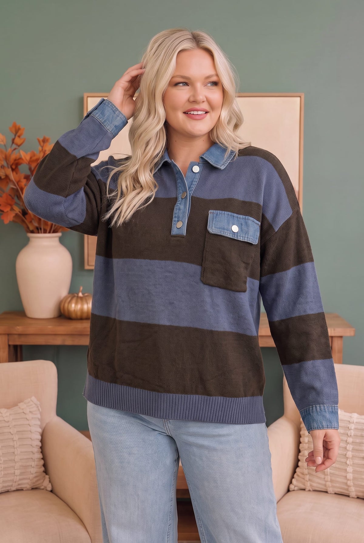 Haptics Blueberry Fields Striped Denim Collar Sweater in Brown & Slate Blue