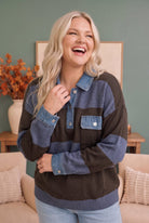 Haptics Blueberry Fields Striped Denim Collar Sweater in Brown & Slate Blue