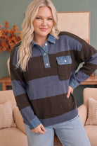 Haptics Blueberry Fields Striped Denim Collar Sweater in Brown & Slate Blue