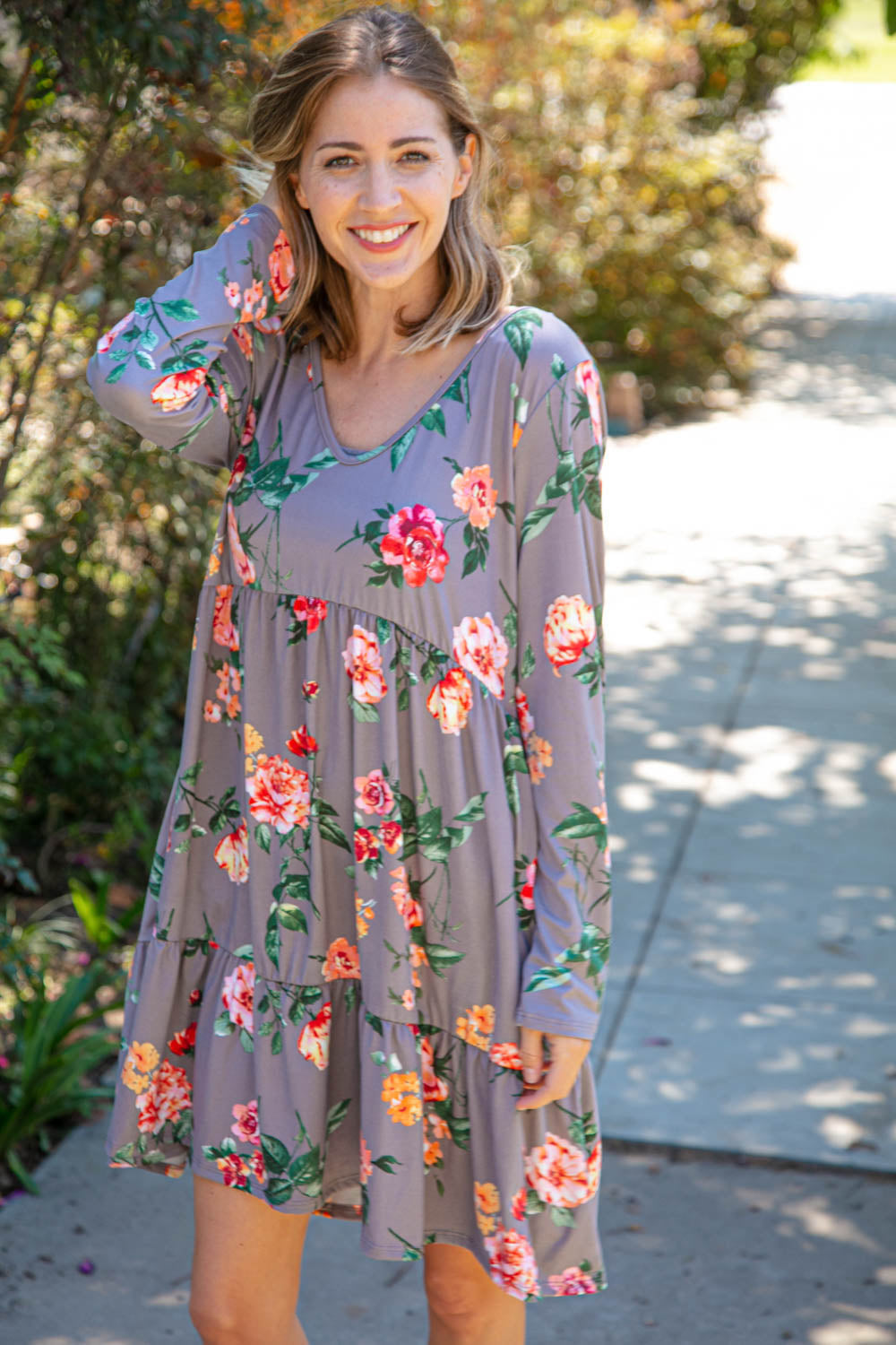 Haptics Slate Floral Tiered Babydoll Dress with Pockets Haptics