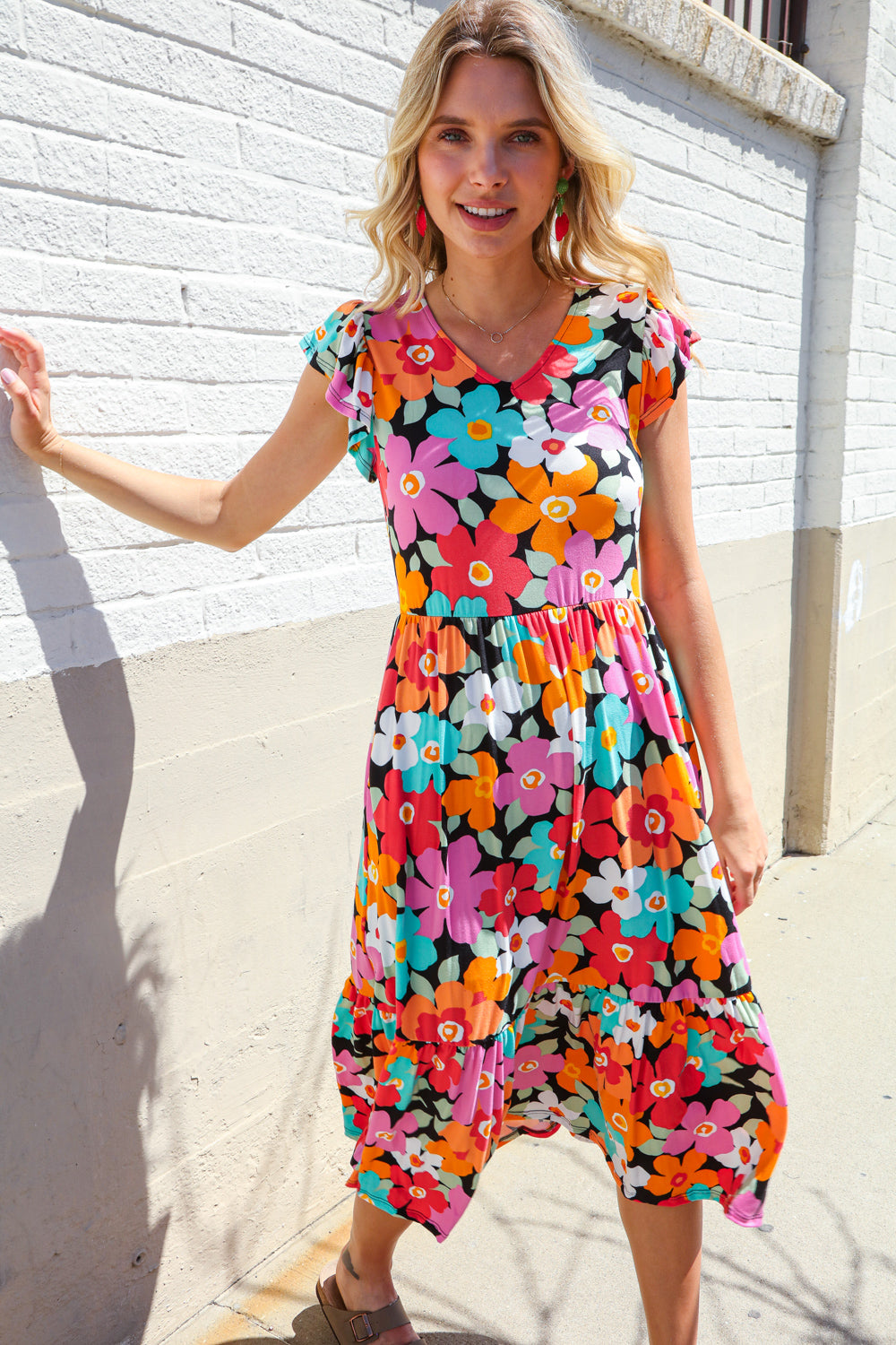 Haptics PLUS Feeling Femme Black & Multicolor Floral Print V Neck Midi Dress