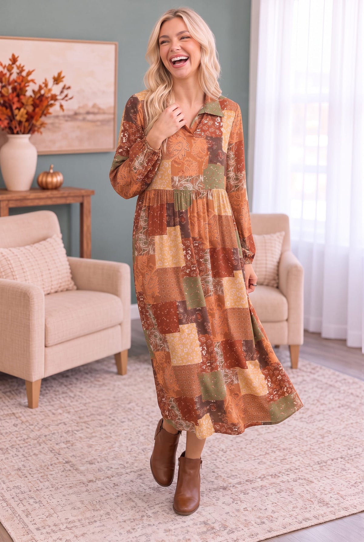 Haptics Patchwork Dreams Long Sleeve Midi Dress