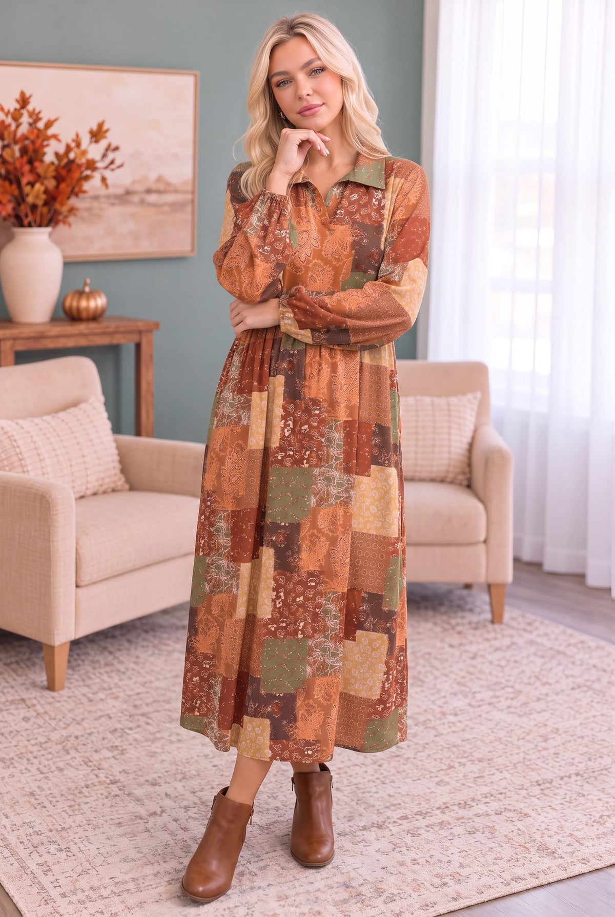 Haptics Patchwork Dreams Long Sleeve Midi Dress