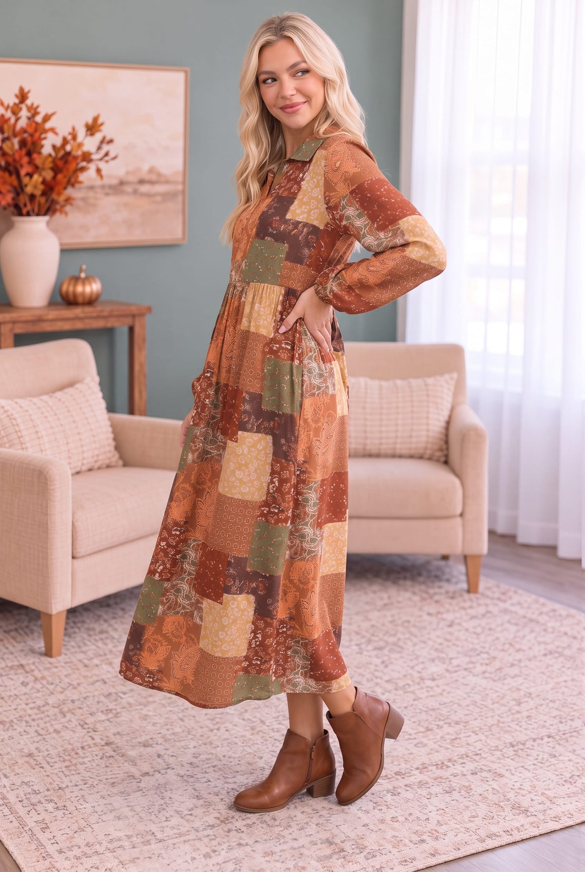 Haptics Patchwork Dreams Long Sleeve Midi Dress