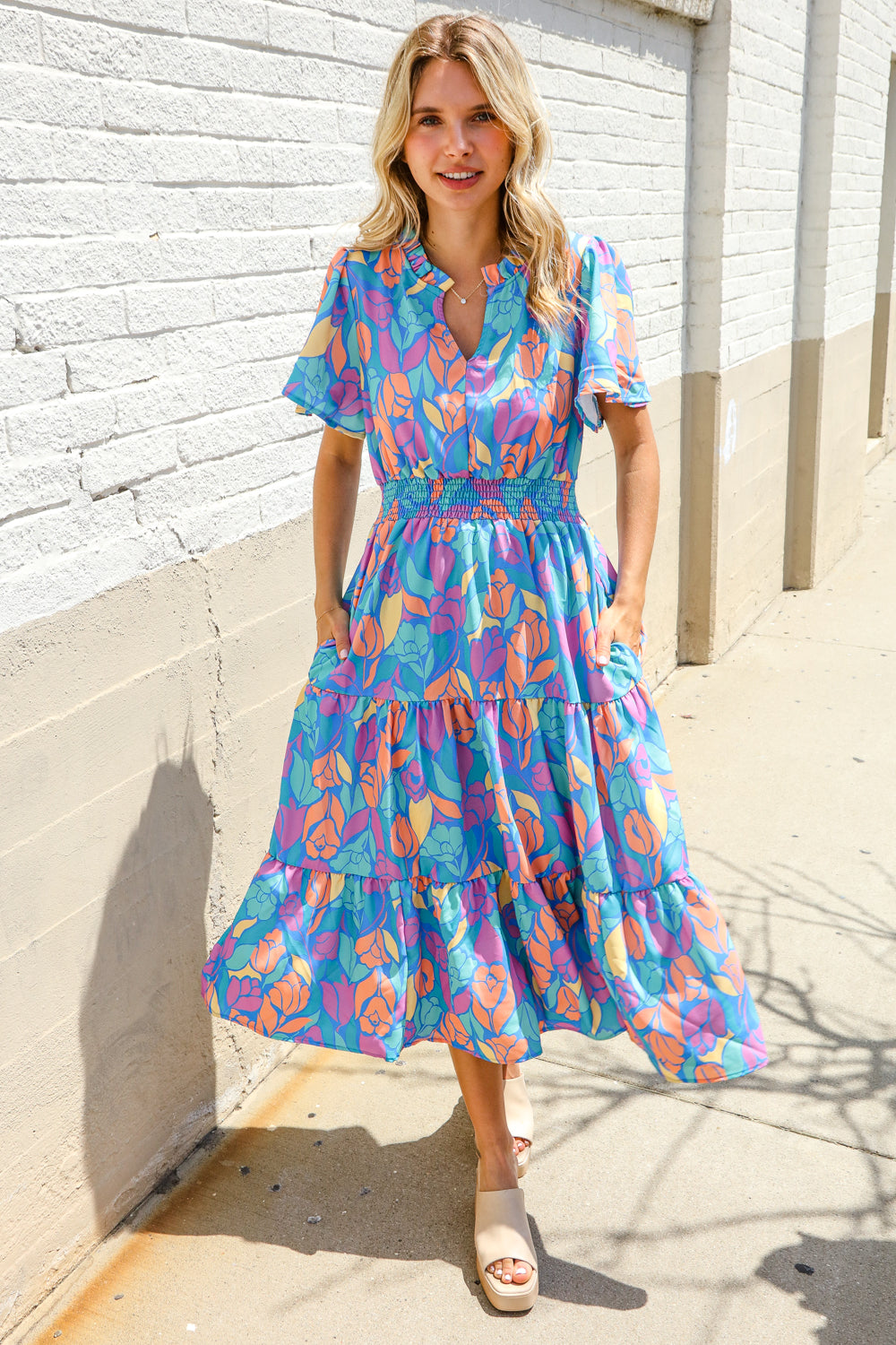 Haptics Tropical Floral Frill Notch Neck Bubble Sleeve Dress