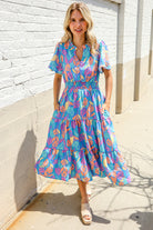 Haptics Tropical Floral Frill Notch Neck Bubble Sleeve Dress