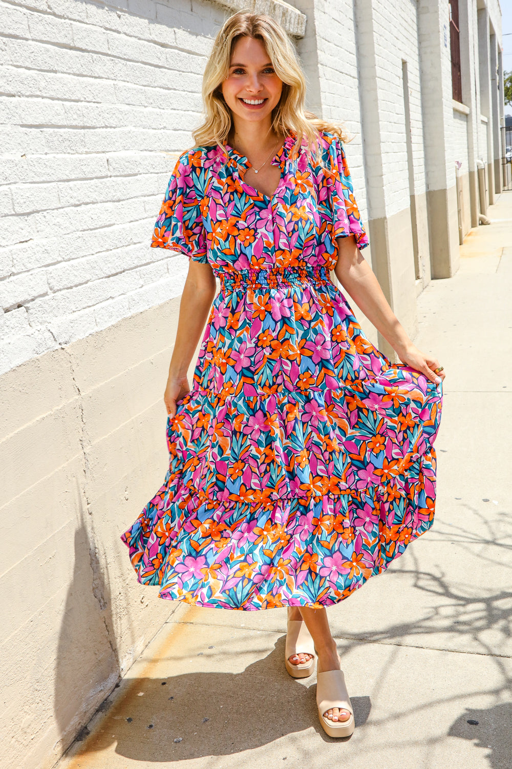 Haptics Fuchsia Floral Print Frill Notch Neck Bubble Sleeve Dress