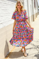 Haptics Fuchsia Floral Print Frill Notch Neck Bubble Sleeve Dress