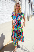 Haptics PLUS Tropical Floral Collar V Neck Midi Dress