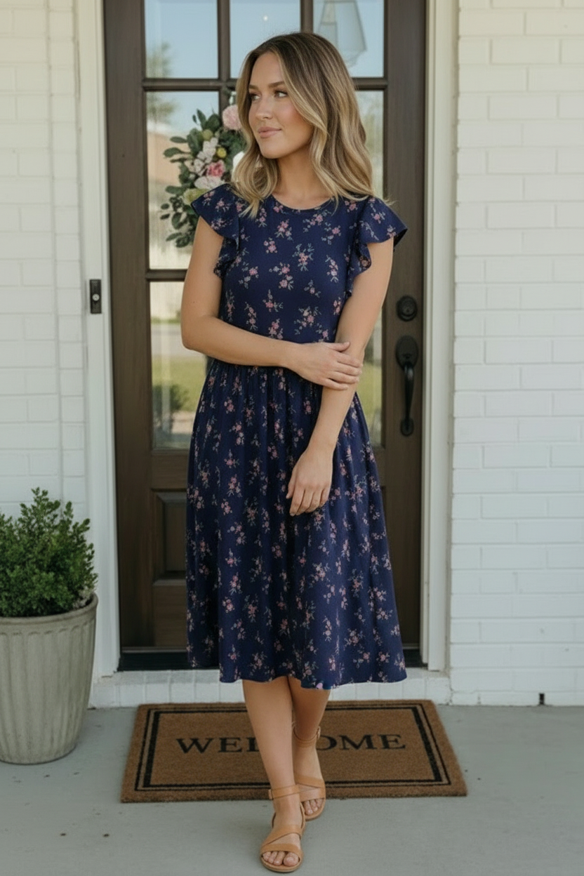 Haptics Navy Floral Flutter Sleeve Buttery Smooth Babydoll Midi Dress