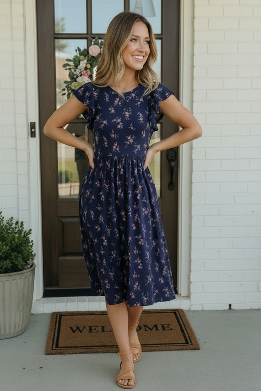 Haptics Navy Floral Flutter Sleeve Buttery Smooth Babydoll Midi Dress